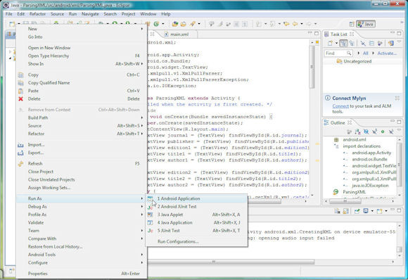 Screen capture of running the Android application to parse an XML document
