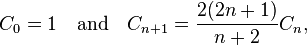 C_0 = 1 \quad \mbox{and} \quad C_{n+1}=\frac{2(2n+1)}{n+2}C_n,